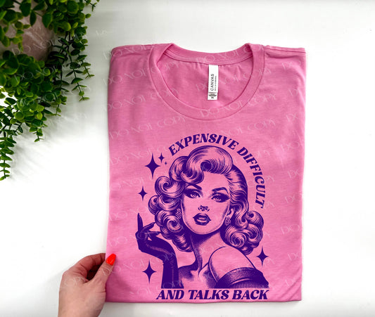 Expensive Difficult And Talks Back Vintage Lady - Bella Canvas Heather Bubble Gum