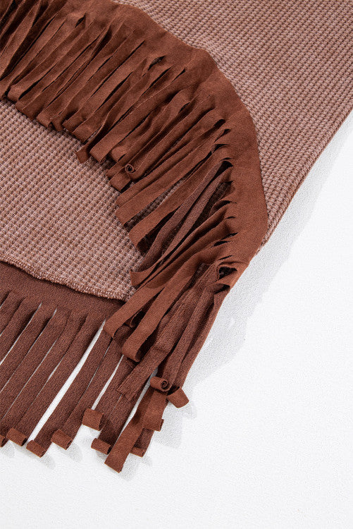 PINK FRIDAY BOUTIQUE PREORDER: Coffee Waffle Knit Fringed High Low Top