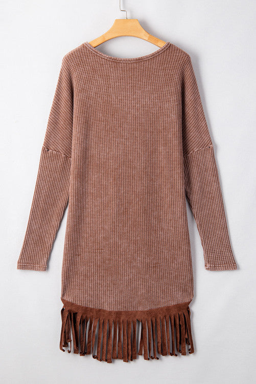 PINK FRIDAY BOUTIQUE PREORDER: Coffee Waffle Knit Fringed High Low Top