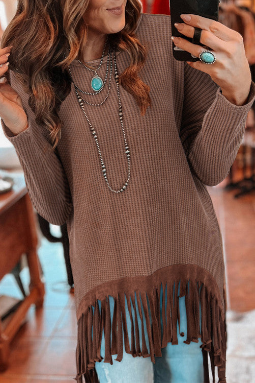 PINK FRIDAY BOUTIQUE PREORDER: Coffee Waffle Knit Fringed High Low Top