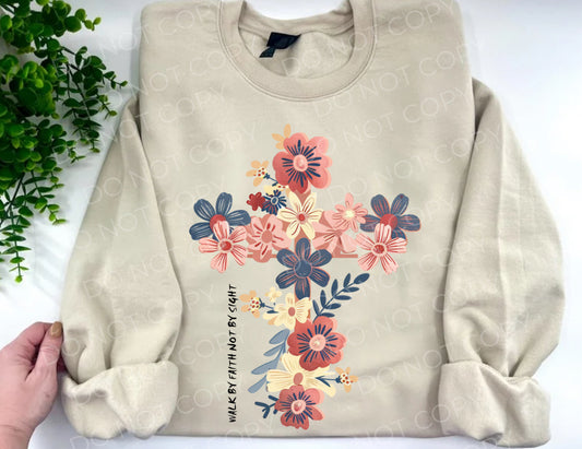 Wall By Faith Not By Sight Floral Cross - Sand Sweatshirt