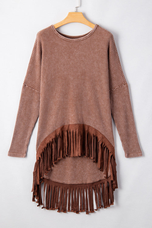 PINK FRIDAY BOUTIQUE PREORDER: Coffee Waffle Knit Fringed High Low Top