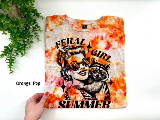 Feral Girl Summer Vintage Lady - Orange Pop Ice Dyed Tshirt - YOUTH & ADULT