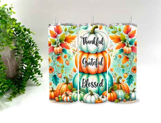 Thankful Grateful Blessed Fall Pumpkins Stacked - 20 oz Tumbler