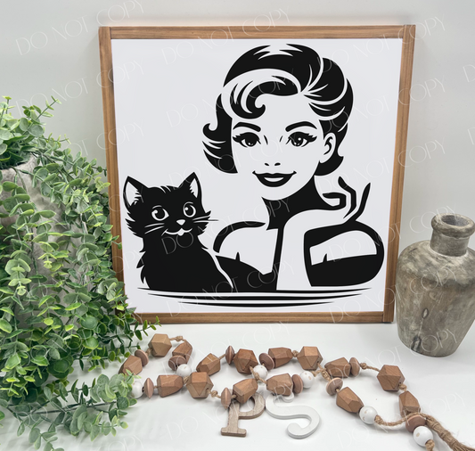 Vintage Lady with Cat - White/Thick/Natural - Wood Sign