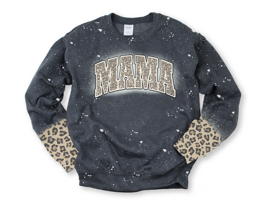 Mama Distressed Leopard - Bleached Dark Heather Sweatshirt With Printed Sleeve