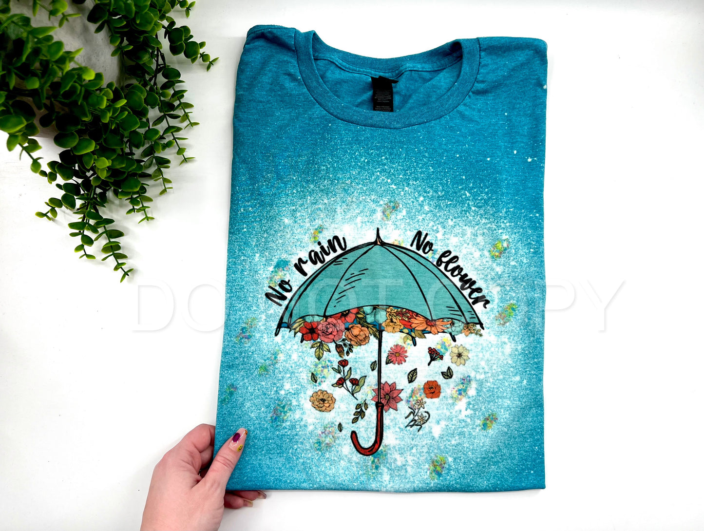 No Rain No Flower Bleached Tee - Gildan - Heather Galapagos Blue