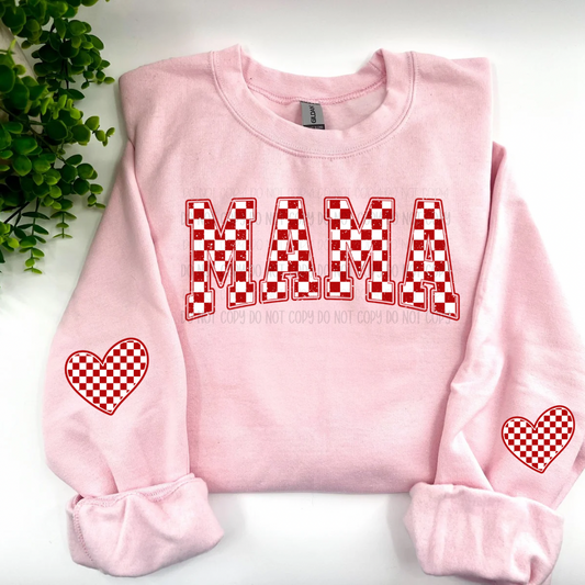 Red Checkered Mama With Heart Sleeves - Light Pink Sweatshirt