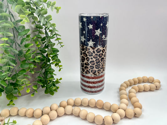 Horizontal Leopard Glitter American Flag - 20 oz Tumbler