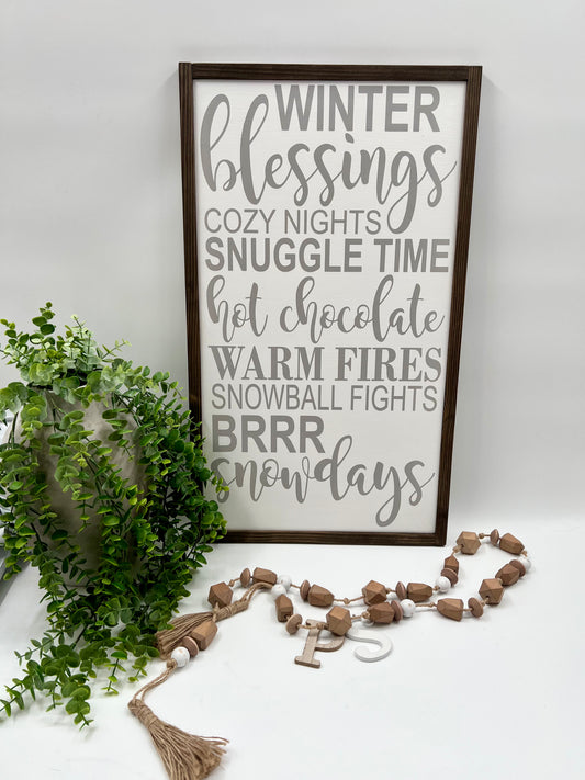 Winter Blessings - White/Thick/Kona - Wood Sign
