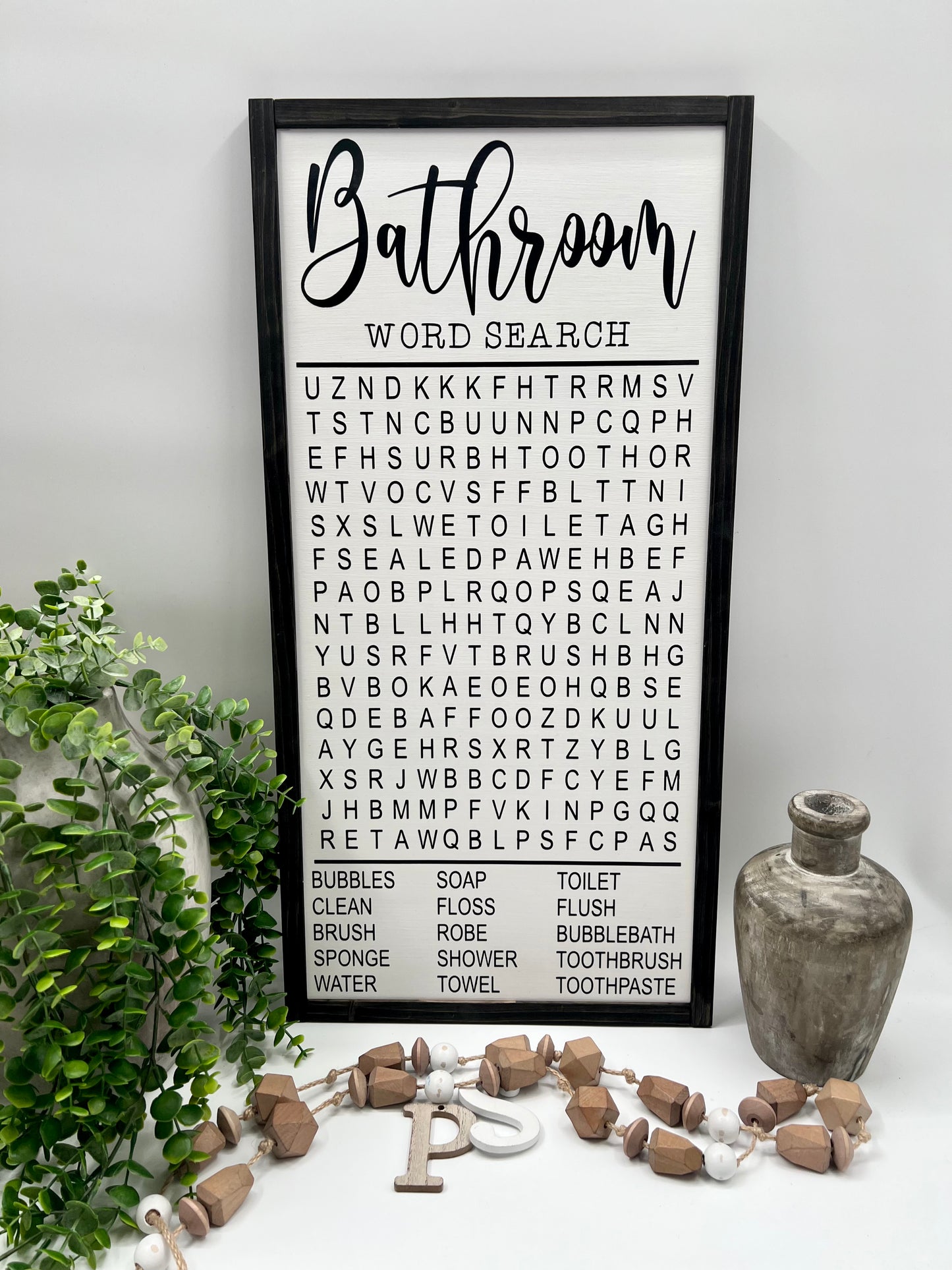 Bathroom Word Search - White/Thick/E. Black - Wood Sign