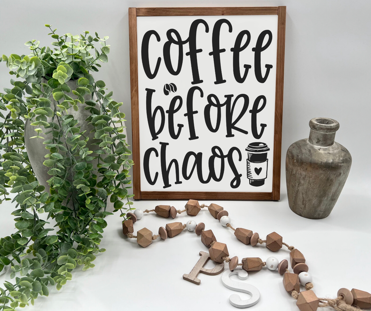 Coffee Before Chaos - White/Thick/Kona - Wood Sign